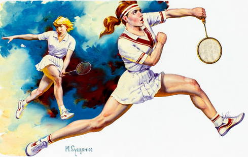 Ivan Sushchenko (Russia,1930-?) oil painting: ARTIST: Ivan Akimovich Sushchenko (Russian, 1930 - ???) TITLE: Worlds Salute to Olympics 1992 - Womens Badminton (titled on verso) YEAR: 1991 MEDIUM: oil on canvas. Canvas