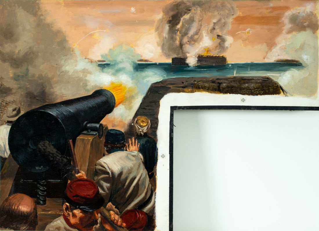 Alton Tobey (CT,1914-2005) oil painting: ARTIST: Alton Stanley Tobey (Connecticut, 1914 - 2005) TITLE: Firing on Fort Sumter, SC MEDIUM: oil on canvas board CONDITION: Missing a few flakes of paint. No visible in