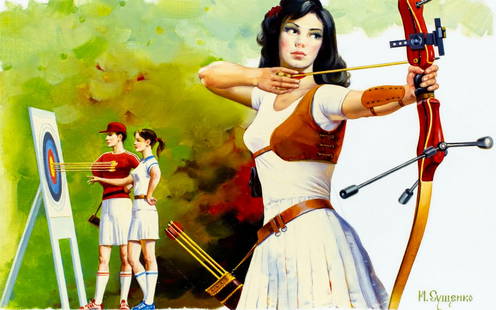 Ivan Sushchenko (Russia,1930-?) oil painting: ARTIST: Ivan Akimovich Sushchenko (Russian, 1930 - ???) TITLE: Worlds Salute to Olympics 1992 - Archery (titled on verso) YEAR: 1991 MEDIUM: oil on canvas. Canvas applied