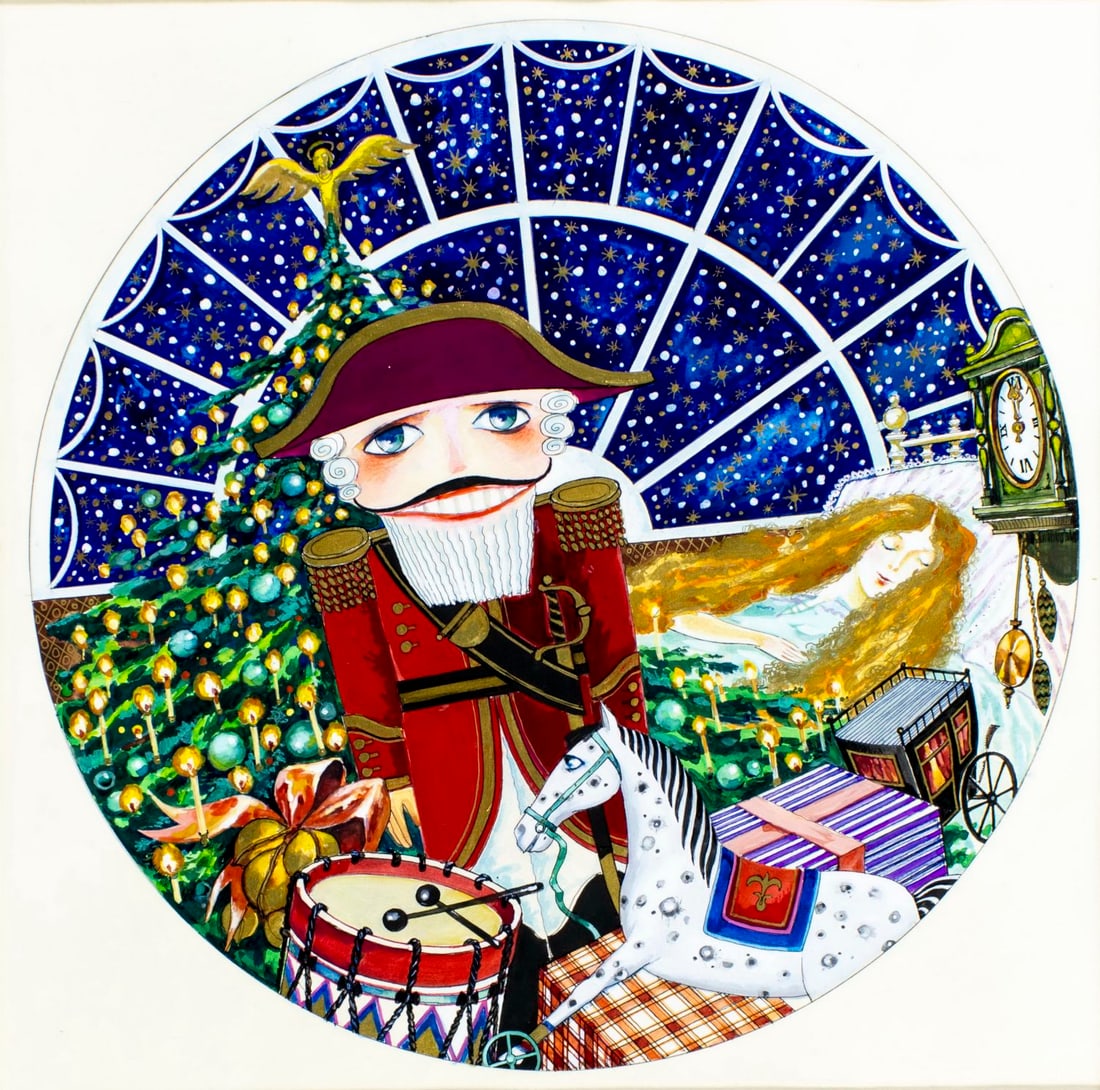 Oleg Shejntzis (Russia,1949-2006) mixed media painting: ARTIST: Oleg Aronovich Shejntzis (Russian, 1949 - 2006) TITLE: The Nutcracker Prince and Clara (titled on verso) YEAR: 1992 MEDIUM: mixed media on paper CONDITI