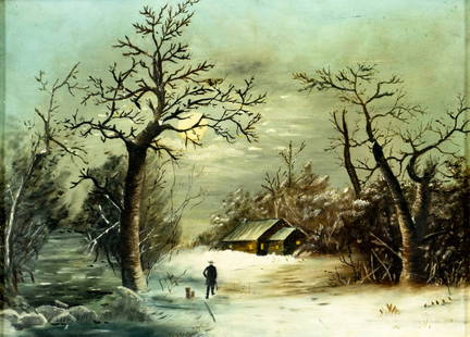 Antique 19C American oil painting: ARTIST: - (American, 19 century) TITLE: Winter Countryside Landscape MEDIUM: oil on board CONDITION: Few minor scratches/paint losses. Some scattered minor inpaintings. So