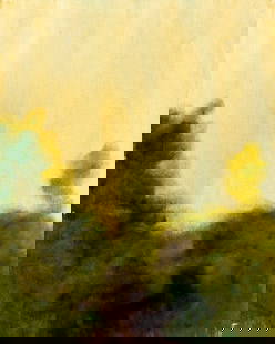 W Pater (US,20C) oil painting: ARTIST: W Pater (American, 20 century) TITLE: Landscape MEDIUM: oil on canvas. Canvas applied to board. CONDITION: Few minor scratches/paint losses along the left edge. No v