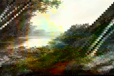 Ron Williams (TN,1947-2016) oil painting: ARTIST: Ron Williams (Tennessee, 1947 - 2016) TITLE: River Landscape MEDIUM: oil on canvas CONDITION: Overall good. No visible inpaint under UV light. Normal wear along ed