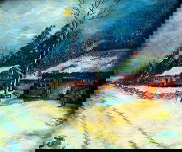 Antique early 20C American oil painting: ARTIST: - (American, early 20 century) TITLE: Moonlit Village Landscape MEDIUM: oil on board CONDITION: Few small paint losses. Some craquelure. No visible inpaint under U