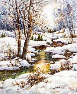 Sang M Lee (South Korea,US,b 1949) oil painting: ARTIST: Sang M Lee (South Korean, American, born 1949) TITLE: Winter Stream Landscape MEDIUM: oil on canvas CONDITION: Unstretched (In-House stretching available). Very good