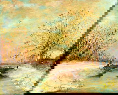 Porteus (US,mid 20C) oil painting antique: ARTIST: Porteus (American, mid 20 century) TITLE: Sunset Winter Landscape YEAR: 1947 MEDIUM: oil on canvas CONDITION: Some patches. Some scratches/paint