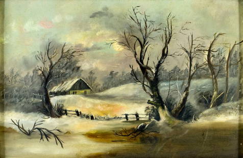 Antique 19C American oil painting signed: ARTIST: - (American, 19 century) TITLE: Winter Countryside Landscape MEDIUM: oil on board CONDITION: Few very minor paint losses. No visible inpaint under UV light. Some d