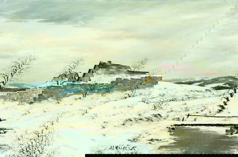 Miroslav Kucera (Czech,1910-?) oil painting: ARTIST: Miroslav Kucera (Czech Republic, 1910 - ???) TITLE: Winter Village Landscape MEDIUM: oil on canvas CONDITION: Unstretched (In-House stretching available). Few smal