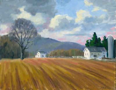 George Holloway (NJ,20C) oil painting 123381: ARTIST: George Holloway (New Jersey, 20 century) TITLE: Farm Landscape MEDIUM: oil on canvas board CONDITION: One scratch by the upper left corner. No visible inpaint under