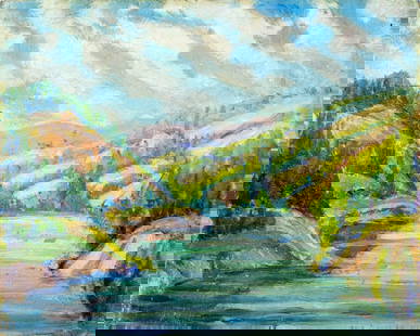Alma H Borgfeldt (AK,1881-1969) oil painting: ARTIST: Alma H Borgfeldt (Alaska, 1881 - 1969) TITLE: Landscape - The Yukon River, Alaska (titled on verso) MEDIUM: oil on board CONDITION: Small paint losses. Very minor
