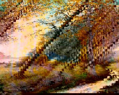 Adriaan De Groot (Dutch,NY,NJ,1870-1942) oil painting: ARTIST: Adriaan Martin De Groot (Netherlands, New York, New Jersey, 1870 - 1942) NAME: Autumn Landscape MEDIUM: oil on canvas CONDITION: Minor craquelure. No visible inpaint under UV light.