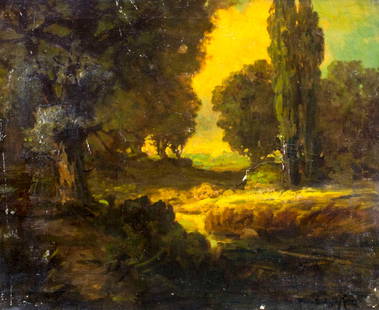 Ralph Miller (CA,OH,1858-1945) oil painting: ARTIST: Ralph Davison Miller (California, Ohio, 1858 - 1945) TITLE: Landscape, Path of Life, Philip Hugo Ranch, Los Angeles, Cal. (titled on verso) MEDIUM: oil on canvas CONDITION:</