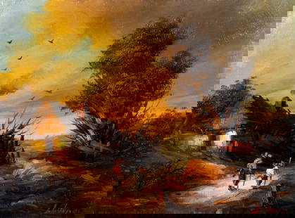 L Lobray (Europe,20C) oil painting: ARTIST: L Lobray (European, 20 century) TITLE: Sunset Village Landscape MEDIUM: oil on canvas CONDITION: Unstretched (In-House stretching available). Overall good. No visibl