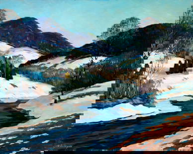 George Holloway (NJ,20C) oil painting: ARTIST: George Holloway (New Jersey, 20 century) TITLE: Winter River Landscape MEDIUM: oil on canvas CONDITION: Missing a few flakes of paint by the lower right corner. No v