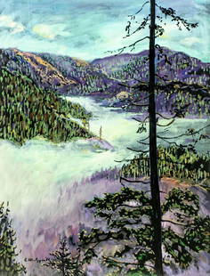Evelyn Metzger (NY,Brazil,1911-2007) oil painting: ARTIST: Evelyn Borchard Metzger (New York, Brazilian, 1911 - 2007) TITLE: Foggy Valley Landscape (titled on verso) YEAR: 1996 MEDIUM: oil on board CONDITION: