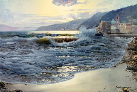 Ottorino Campagnari (Italy,1910-1981) oil painting: ARTIST: Ottorino Campagnari (Italian, 1910 - 1981) TITLE: Coastal Landscape MEDIUM: oil on canvas CONDITION: Unstretched (In-House stretching available). Some small paint