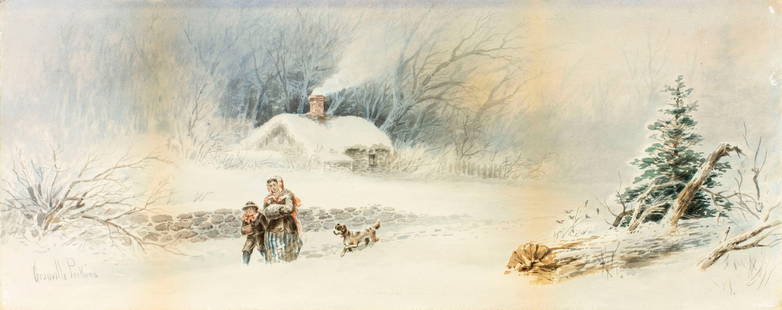 Granville Perkins (NY,MD,1830-1895) watercolor painting antique: ARTIST: Granville Perkins (New York, Maryland, 1830 - 1895) TITLE: Winter Country Landscape MEDIUM: watercolor on paper. Paper applied to board. CONDITION: Few small paint