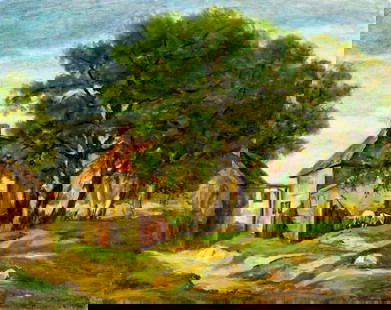 Vintage 20C American oil painting: ARTIST: - (American, 20 century) TITLE: Village Landscape with Horse MEDIUM: oil on canvas board CONDITION: Minor damages to the left corners. Few minor scratches/paint lo