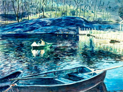 Evelyn Metzger (NY,Brazil,1911-2007) oil painting: ARTIST: Evelyn Borchard Metzger (New York, Brazilian, 1911 - 2007) TITLE: Lake Landscape with Boats MEDIUM: oil on board CONDITION: Minor damages to edges. Minor scratches