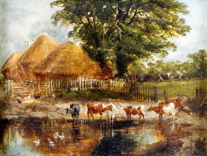 John Joseph Hughes (UK,1820-1909) oil painting antique: ARTIST: John Joseph Hughes (United Kingdom, circa 1820 - 1909) TITLE: Rick Yard at Mousley End, Warwick, UK (titled on verso) YEAR: 1871 MEDIUM: oil on canvas C