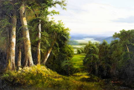 Ron Williams (TN,1947-2016) oil painting: ARTIST: Ron Williams (Tennessee, 1947 - 2016) TITLE: Sunset Landscape MEDIUM: oil on canvas CONDITION: Few minor scratches/paint losses. No visible inpaint under UV light.
