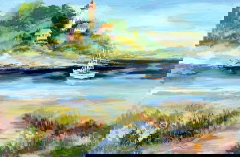 John Reilly (NY,NJ,1942-2021) oil painting: ARTIST: John Reilly (New York, New Jersey, 1942 - 2021) TITLE: Coastal Landscape with Lighthouse MEDIUM: oil on board CONDITION: Minor damages to the lower corners. Some s