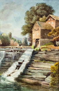George Holston (UK,1833-1923) watercolor painting antique: ARTIST: George Holston (British, 1833 - 1923) TITLE: River Landscape MEDIUM: watercolor on paper CONDITION: Some age toning. Framed under glass. ART SIZE: