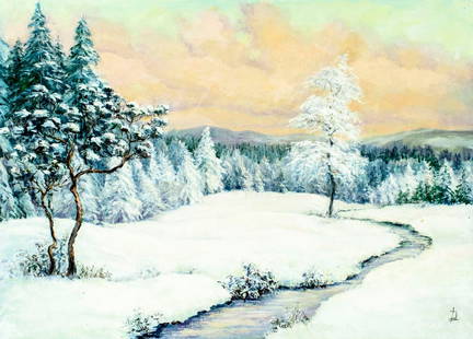 L Dolina (Europe,20C) oil painting: ARTIST: L Dolina (European, 20 century) TITLE: Winter Stream Landscape MEDIUM: oil on canvas CONDITION: Unstretched (In-House stretching available). Overall good. No visible