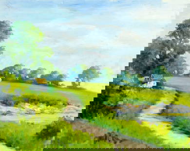 George Holloway (NJ,20C) oil painting: ARTIST: George Holloway (New Jersey, 20 century) TITLE: Countryside Landscape MEDIUM: oil on canvas board CONDITION: Few minor scratches/paint losses. No visible inpaint und