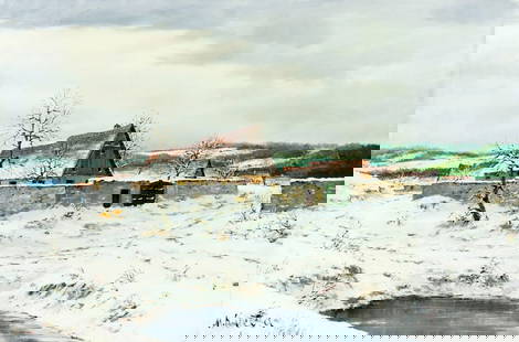 Miroslav Kucera (Czech,1910-?) oil painting: ARTIST: Miroslav Kucera (Czechoslovakian, 1910 - ???) TITLE: Winter Village Landscape MEDIUM: oil on canvas CONDITION: Unstretched (In-House stretching available). Few min