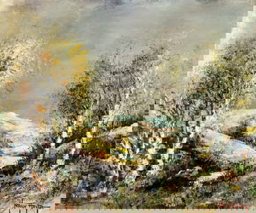 Attila Nagy (Hungary,1928-?) oil painting: ARTIST: Attila Nagy (Hungarian, 1928 - ???) TITLE: Hilly Landscape MEDIUM: oil on canvas CONDITION: Unstretched (In-House stretching available). Few minor paint losses. No