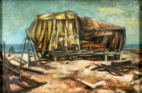 Eleanore Mizzy (NY,mid 20C) oil painting: ARTIST: Eleanore Mizzy (New York, mid 20 century) TITLE: Serenity MEDIUM: oil on canvas CONDITION: Three patches. Few small paint losses. Minor craquelure. Some scattered in