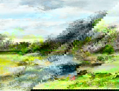 Josef Konecny (Czech,1907-1989) oil painting: ARTIST: Josef Konecny (Czech Republic, 1907 - 1989) TITLE: River Landscape with Child MEDIUM: oil on canvas CONDITION: Unstretched (In-House stretching available). Few sma