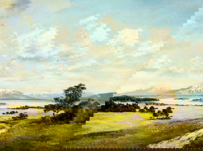 P Ewert (Canada,20C) oil painting: ARTIST: P Ewert (Canadian, 20 century) TITLE: Countryside Mountain Landscape MEDIUM: oil on canvas CONDITION: Unstretched (In-House stretching available). Missing a few flak