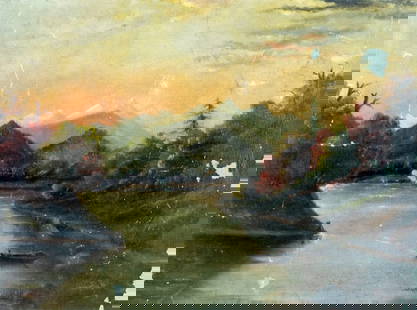 Antique early 20C American oil painting: ARTIST: - (American, early 20 century) TITLE: Sunset Mountain River Landscape MEDIUM: oil on board CONDITION: Some scratches/paint losses. Some craquelure. No visible inpa