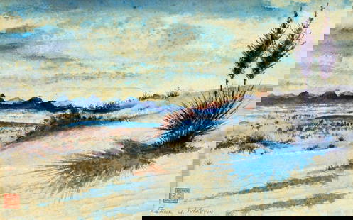 Frank J Martin (CA,mid 20C) watercolor painting: ARTIST: Frank J Martin (California, mid 20 century) TITLE: Desert Landscape MEDIUM: watercolor on paper CONDITION: Some age toning. Minor foxing. Some damages to frame.