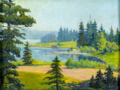 Frederick W Adams (Canada,1880-?) oil painting: ARTIST: Frederick W (Doctor) Adams (Canadian, 1880 - ???) TITLE: Lake Landscape MEDIUM: oil on canvas CONDITION: Missing a few flakes of paint. Minor craquelure. Some scat