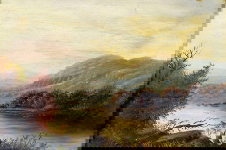 Antique 19/20C American oil painting: ARTIST: - (American, 19/20 centuries) TITLE: Autumn River Landscape YEAR: circa 1900 MEDIUM: oil on board CONDITION: Minor paint losses. Few faint scra