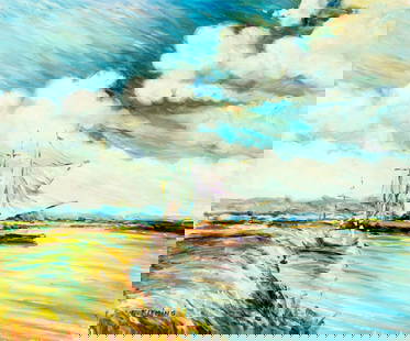 L Fleming (Europe,20C) oil painting: ARTIST: L Fleming (European, 20 century) TITLE: Coastal Landscape with Sailboats MEDIUM: oil on canvas CONDITION: Very good. No visible inpaint under UV light. Normal wear a