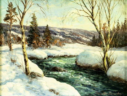 Vintage mid 20C Danish oil painting signed: ARTIST: - (Denmark, mid 20 century) TITLE: Winter River Landscape MEDIUM: oil on canvas CONDITION: Overall good. No visible inpaint under UV light. Wear to frame.