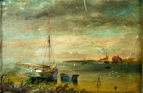 Baker (US,19C) oil painting antique: ARTIST: Baker (American, 19 century) TITLE: Sunset Coastal Landscape with Boats MEDIUM: oil on board CONDITION: Few small scratches/paint losses. Some craquelure. No visible