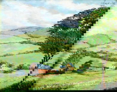 Antique early 20C American oil painting signed: ARTIST: - (American, early 20 century) TITLE: Country Landscape YEAR: 1914 MEDIUM: oil on canvas board CONDITION: Some paint losses. Some scattered inp