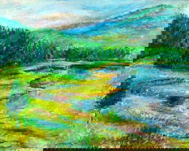 Clara Klinghoffer (NY,UK,Austria,1900-1970) oil painting: ARTIST: Clara Klinghoffer (New York, United Kingdom, Austrian, 1900 - 1970) TITLE: Landscape - View near the Lake (titled on label) YEAR: 1961 MEDIUM: oil on canvas