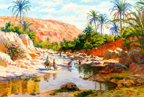 ATTRIB Alphonse Birck (French,1859-1942) oil painting antique: ARTIST: ATTRIBUTED TO Alphonse Birck (France, 1859 - 1942) NAME: Nile River Scene MEDIUM: oil on canvas CONDITION: Very good. No visible inpaint under UV light. SIGHT SIZE: 24 x 36 inches