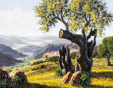 S Arnaldo (Europe,20C) oil painting: ARTIST: S Arnaldo (European, 20 century) TITLE: Mountain Landscape MEDIUM: oil on canvas CONDITION: Unstretched (In-House stretching available). Few small paint losses. Some