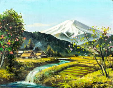 Agarashi (Japan,mid 20C) oil painting: ARTIST: Agarashi (Japanese, mid 20 century) TITLE: Landscape - Mount Fuji YEAR: 1960 MEDIUM: oil on canvas CONDITION: Few small paint losses. Minor craqu