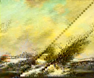 Stephen Haan (Dutch,1914-?) oil painting: ARTIST: Stephen De Haan (Netherlands, 1914 - ???) TITLE: Winter Country Landscape MEDIUM: oil on canvas CONDITION: Few small scratches/paint losses. Some craquelure. No vi