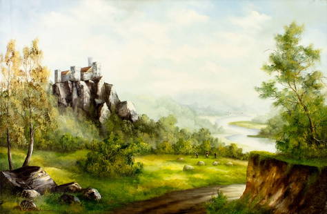 C Karopka (Europe,20C) oil painting: ARTIST: C Karopka (European, 20 century) TITLE: Mountain Landscape with Castle MEDIUM: oil on canvas CONDITION: Unstretched (In-House stretching available). Few minor paint
