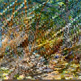 S Yallom (US,20C) oil painting: ARTIST: S Yallom (American, 20 century) TITLE: Forest Landscape YEAR: 1997 MEDIUM: oil on canvas CONDITION: One patch. Some small paint losses. Some craq