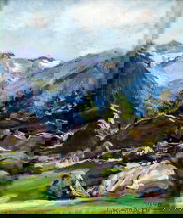 ATTRIB Ludwig Strauch (Austria,1875-1959) oil painting: ARTIST: ATTRIBUTED TO Ludwig Karl Strauch (Austrian, 1875 - 1959) TITLE: Mountain Landscape YEAR: 1946 MEDIUM: oil on board CONDITION: Very good. No vi